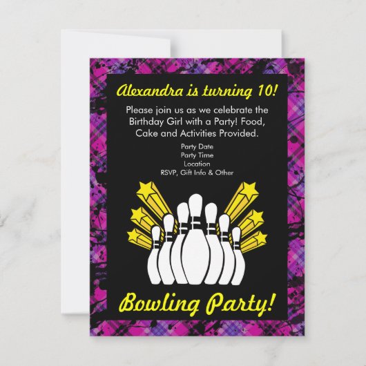 ピンクとブラックのボーリング誕生日パーティーへの招待 招待状 (正面)