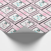 ピンクとブラックのメリークリスマス雪だるまギフトラップ ラッピングペーパー (角)