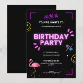 ピンクとブラックのモダンなネオン フューチャー バースデー パーティー 招待状 (正面/裏面)