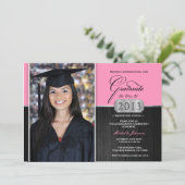 ピンクとブラックのモダンな卒業発表 招待状 (スタンド正面)