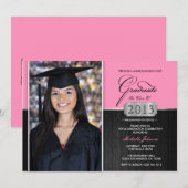 ピンクとブラックのモダンな卒業発表 招待状 (正面/裏面)
