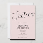 ピンクとブラックのモダンスクリプミニマルトSweet 16 招待状 (正面)