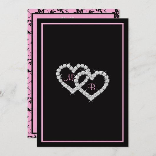 ピンクとブラックのモノグラムの招待状とハート 招待状 (正面/裏面)
