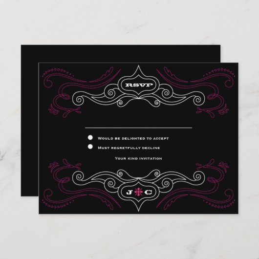 ピンクとブラックのロックとロール音楽をテーマ結婚にした インビテーションポストカード (正面/裏面)
