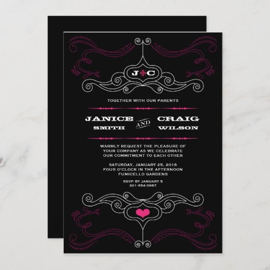 ピンクとブラックのロックとロール音楽をテーマ結婚にした 招待状 (正面/裏面)