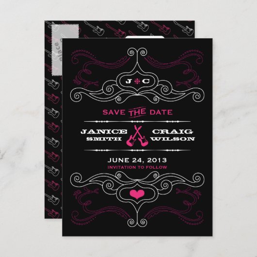 ピンクとブラックのロックとロール音楽をテーマ結婚にした 案内ポストカード (正面/裏面)
