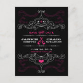 ピンクとブラックのロックとロール音楽をテーマ結婚にした 案内ポストカード (正面)