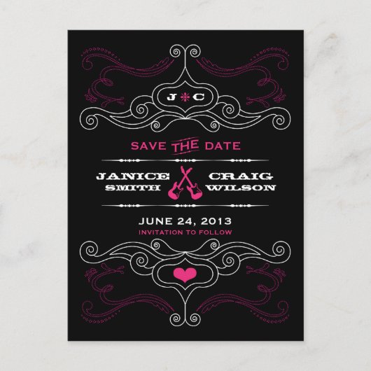 ピンクとブラックのロックとロール音楽をテーマ結婚にした 案内ポストカード (正面)