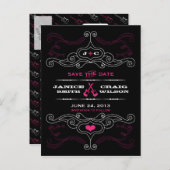 ピンクとブラックのロックンロール ミュージックをテーマにしたウェディング 案内ポストカード (正面/裏面)