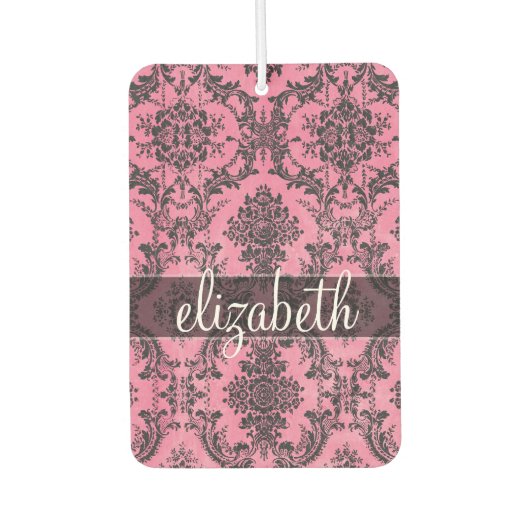 ピンクとブラックのヴィンテージダマスクパターンとモノグラム カーエアーフレッシュナー (正面)