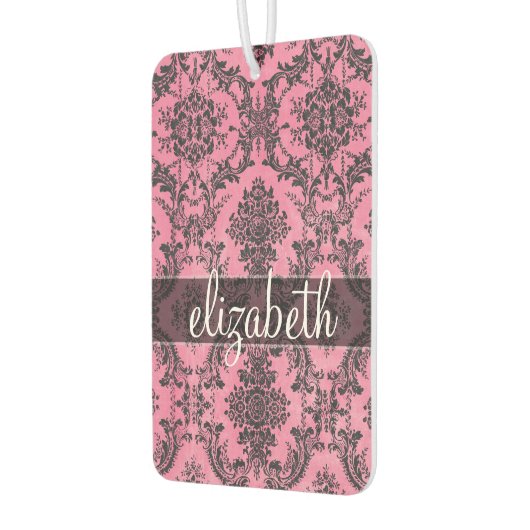 ピンクとブラックのヴィンテージダマスクパターンとモノグラム カーエアーフレッシュナー (左)