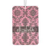ピンクとブラックのヴィンテージダマスクパターンとモノグラム カーエアーフレッシュナー (裏面)