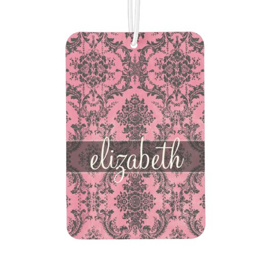 ピンクとブラックのヴィンテージダマスクパターンとモノグラム カーエアーフレッシュナー (裏面)