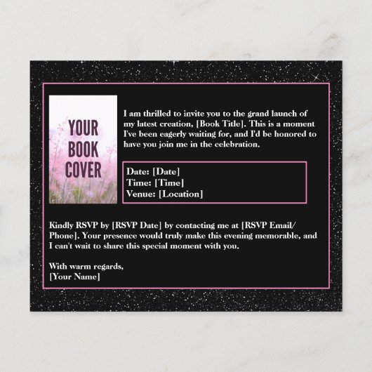 ピンクとブラックの作家ブックローンチの署名招待状 チラシ (裏面)