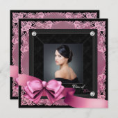 ピンクとブラックの写真付き卒業発表 案内状 (正面/裏面)