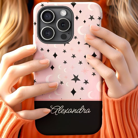 ピンクとブラックの天体月と星のスクリプトネーム Case-Mate iPhoneケース