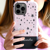 ピンクとブラックの天体月と星のスクリプトネーム Case-Mate iPhoneケース