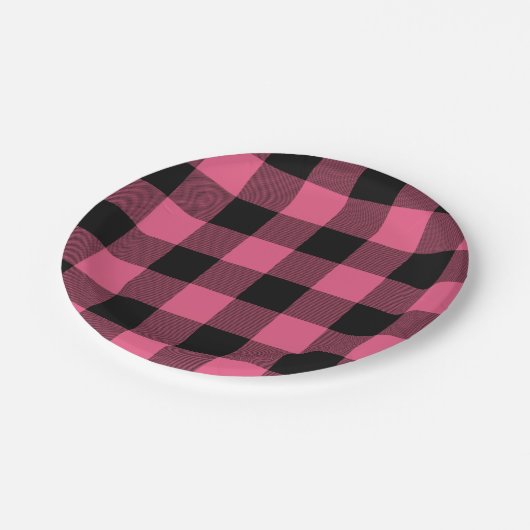 ピンクとブラックの市松模様にスクウェアバッファロープレイド ペーパープレート (アングル)