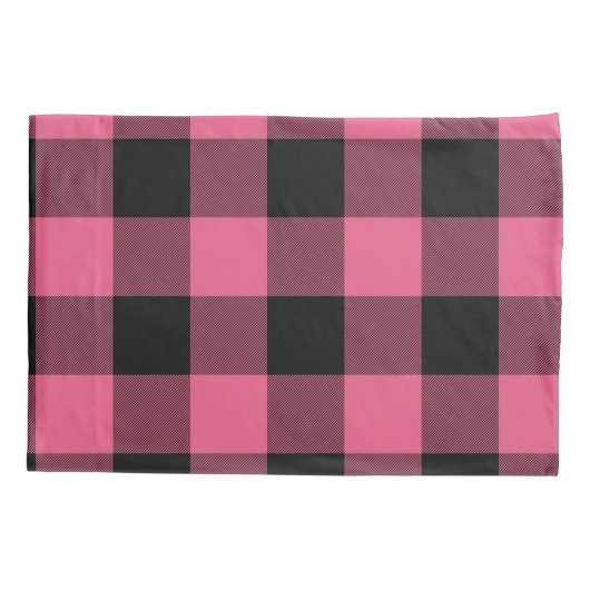 ピンクとブラックの市松模様にスクウェアバッファロープレイド 枕カバー (裏面)
