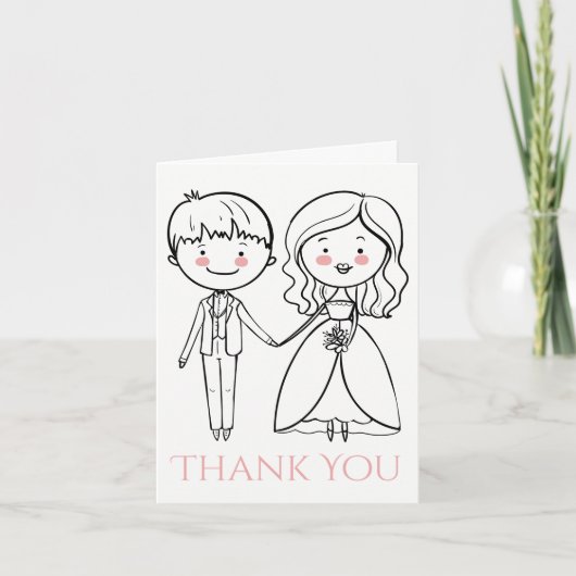 ピンクとブラックの感謝を込めた花嫁と花婿の結婚式 サンキューカード (正面)