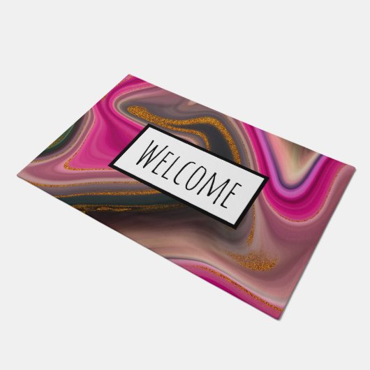 ピンクとブラックの抽象芸術と金ゴールド旋回へようこそ ドアマット (アングル)