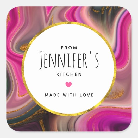 ピンクとブラックの抽象芸術と金ゴールド旋回キッチン スクエアシール (正面)