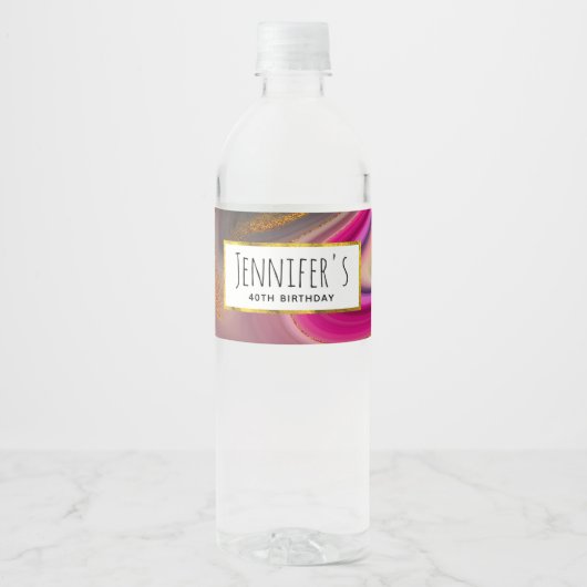 ピンクとブラックの抽象芸術と金ゴールド渦巻きパーティー ペットボトルラベル (正面)