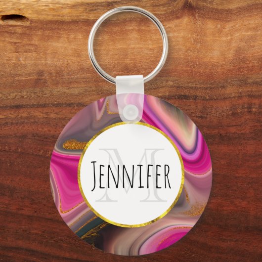 ピンクとブラックの抽象芸術と金ゴールド渦巻きモノグラム キーホルダー (正面)