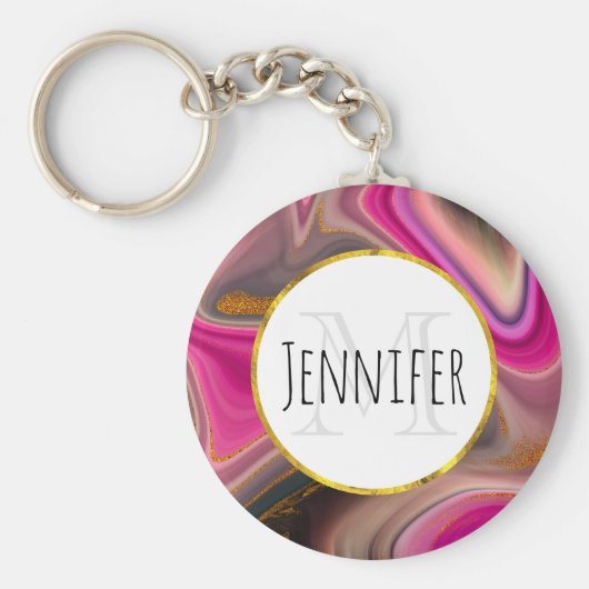 ピンクとブラックの抽象芸術と金ゴールド渦巻きモノグラム キーホルダー (正面)