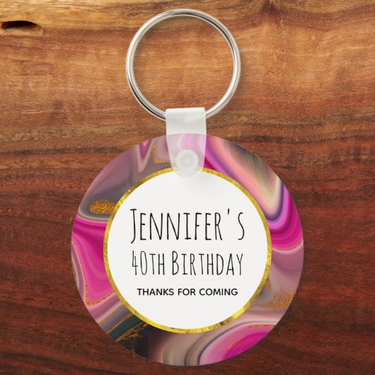 ピンクとブラックの抽象芸術と金ゴールド渦巻き誕生日 キーホルダー (正面)