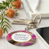 ピンクとブラックの抽象芸術と金ゴールド渦巻き誕生日 キーホルダー (側面)