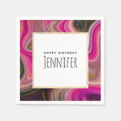 ピンクとブラックの抽象芸術と金ゴールド渦巻き誕生日 スタンダードカクテルナプキン (正面)