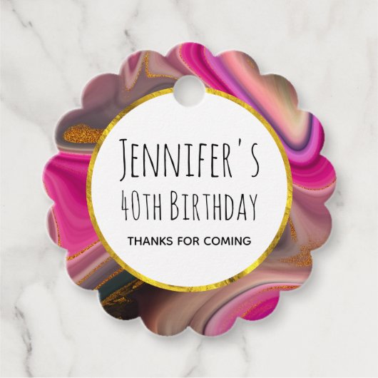 ピンクとブラックの抽象芸術と金ゴールド渦巻き誕生日 フェイバータグ (正面)