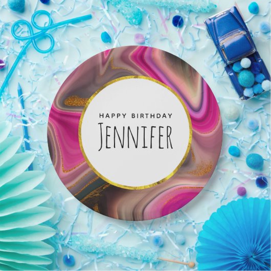 ピンクとブラックの抽象芸術と金ゴールド渦巻き誕生日 ペーパープレート (パーティー)