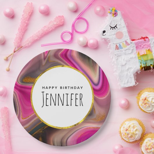 ピンクとブラックの抽象芸術と金ゴールド渦巻き誕生日 ペーパープレート (パーティー)