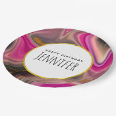 ピンクとブラックの抽象芸術と金ゴールド渦巻き誕生日 ペーパープレート (アングル)