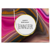 ピンクとブラックの抽象芸術と金ゴールド渦巻き誕生日 ラージペーパーバッグ (正面)