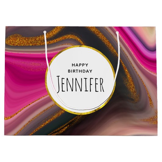 ピンクとブラックの抽象芸術と金ゴールド渦巻き誕生日 ラージペーパーバッグ (正面)