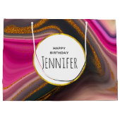 ピンクとブラックの抽象芸術と金ゴールド渦巻き誕生日 ラージペーパーバッグ (裏面)