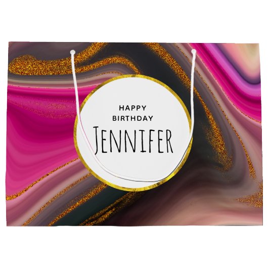 ピンクとブラックの抽象芸術と金ゴールド渦巻き誕生日 ラージペーパーバッグ (裏面)