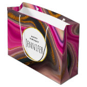 ピンクとブラックの抽象芸術と金ゴールド渦巻き誕生日 ラージペーパーバッグ (裏面アングル)