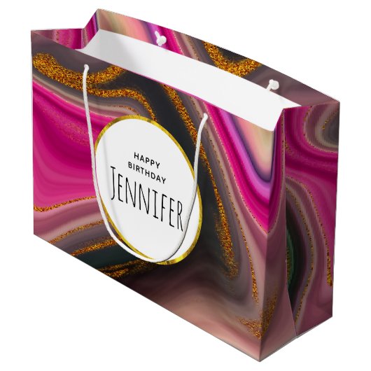ピンクとブラックの抽象芸術と金ゴールド渦巻き誕生日 ラージペーパーバッグ (裏面アングル)