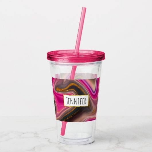ピンクとブラックの抽象芸術と金ゴールド渦巻き アクリルタンブラー (裏面)
