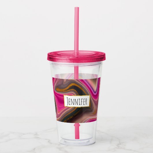 ピンクとブラックの抽象芸術と金ゴールド渦巻き アクリルタンブラー (正面)