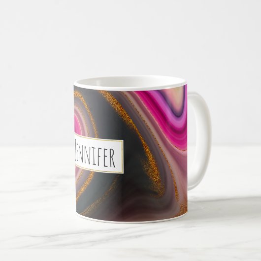 ピンクとブラックの抽象芸術と金ゴールド渦巻き コーヒーマグカップ (正面右)