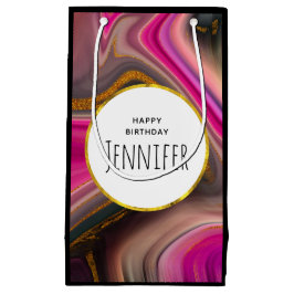 ピンクとブラックの抽象芸術と金ゴールド渦巻き スモールペーパーバッグ