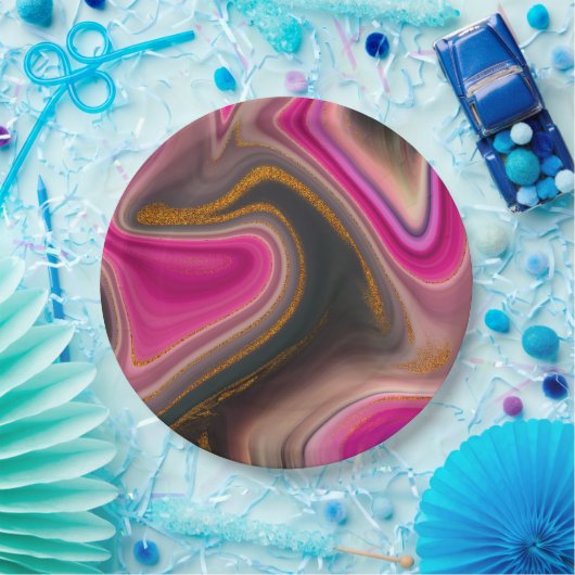 ピンクとブラックの抽象芸術と金ゴールド渦巻き ペーパープレート (パーティー)