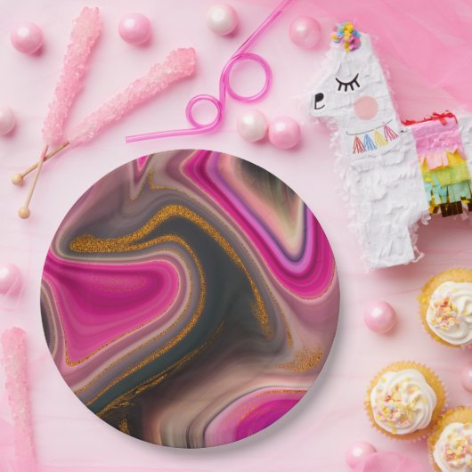 ピンクとブラックの抽象芸術と金ゴールド渦巻き ペーパープレート (パーティー)