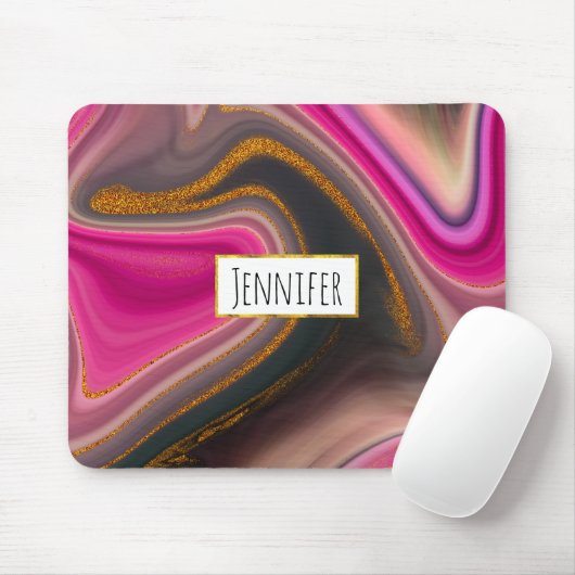 ピンクとブラックの抽象芸術と金ゴールド渦巻き マウスパッド (マウス)