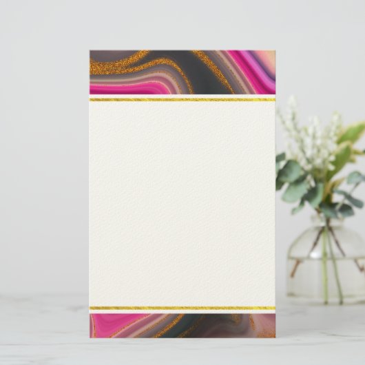ピンクとブラックの抽象芸術と金ゴールド渦巻き 便箋 (スタンド正面)